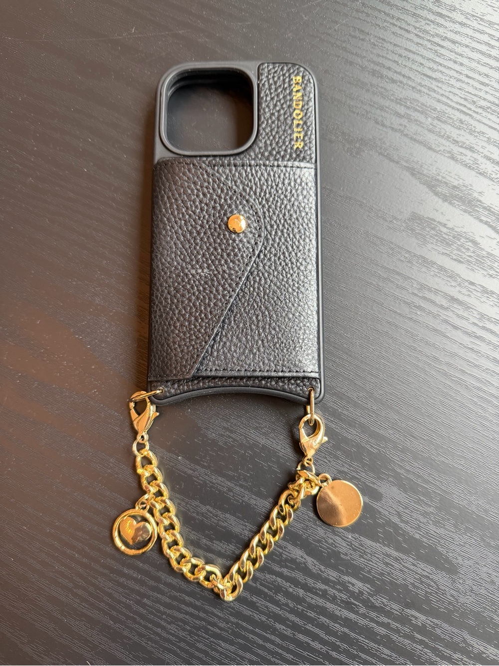 Bandolier Black Leather iPhone Case with Gold Chain Strap